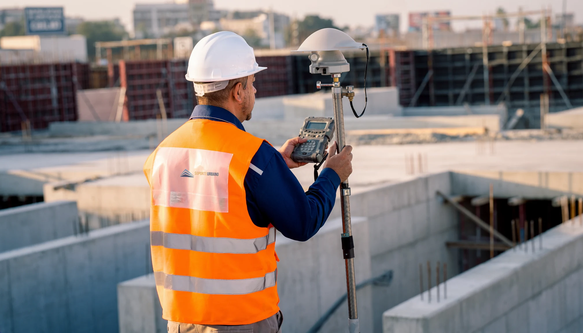 Escena ilustrativa de levantamiento GNSS de campo con chaleco Soporte Urbano