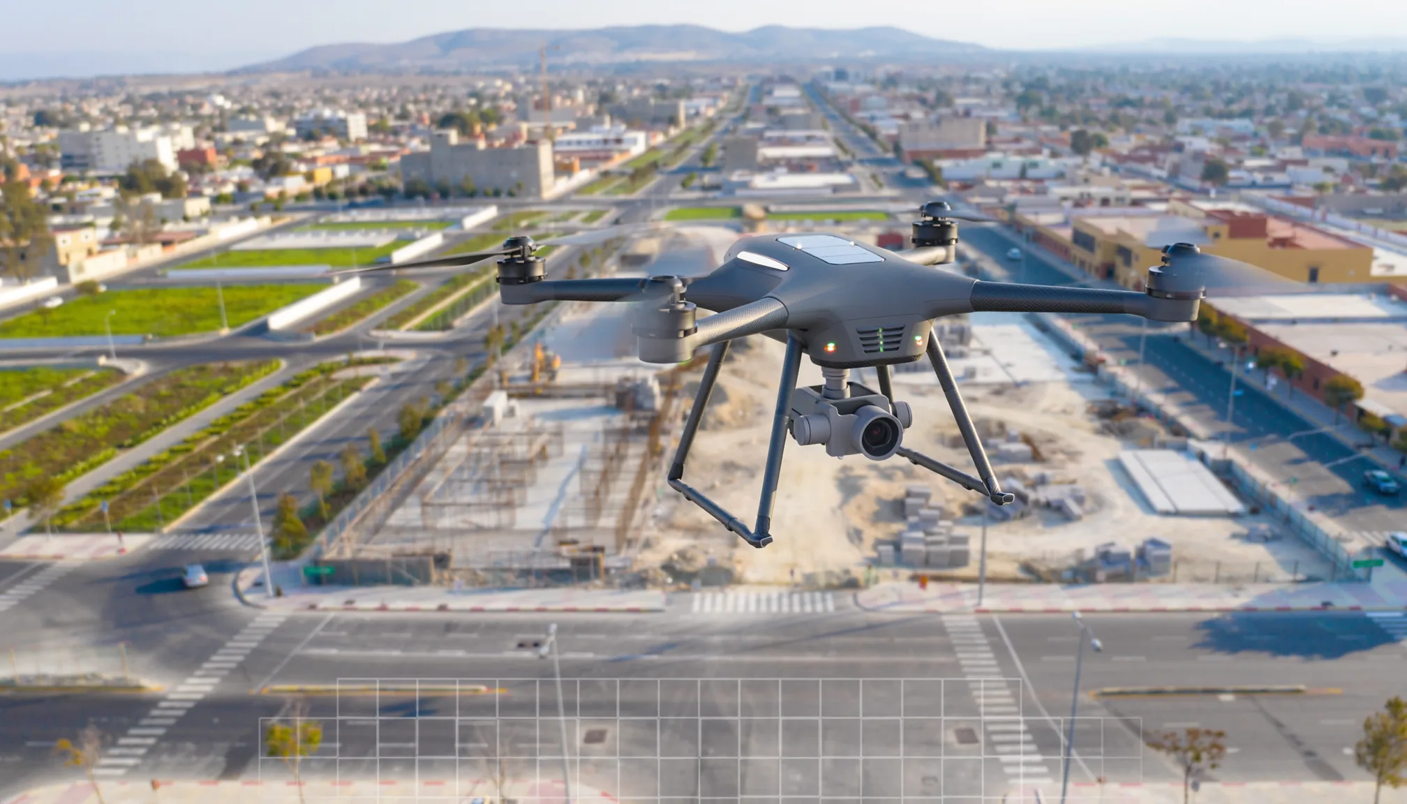 Escena ilustrativa de fotogrametría con dron sobre infraestructura